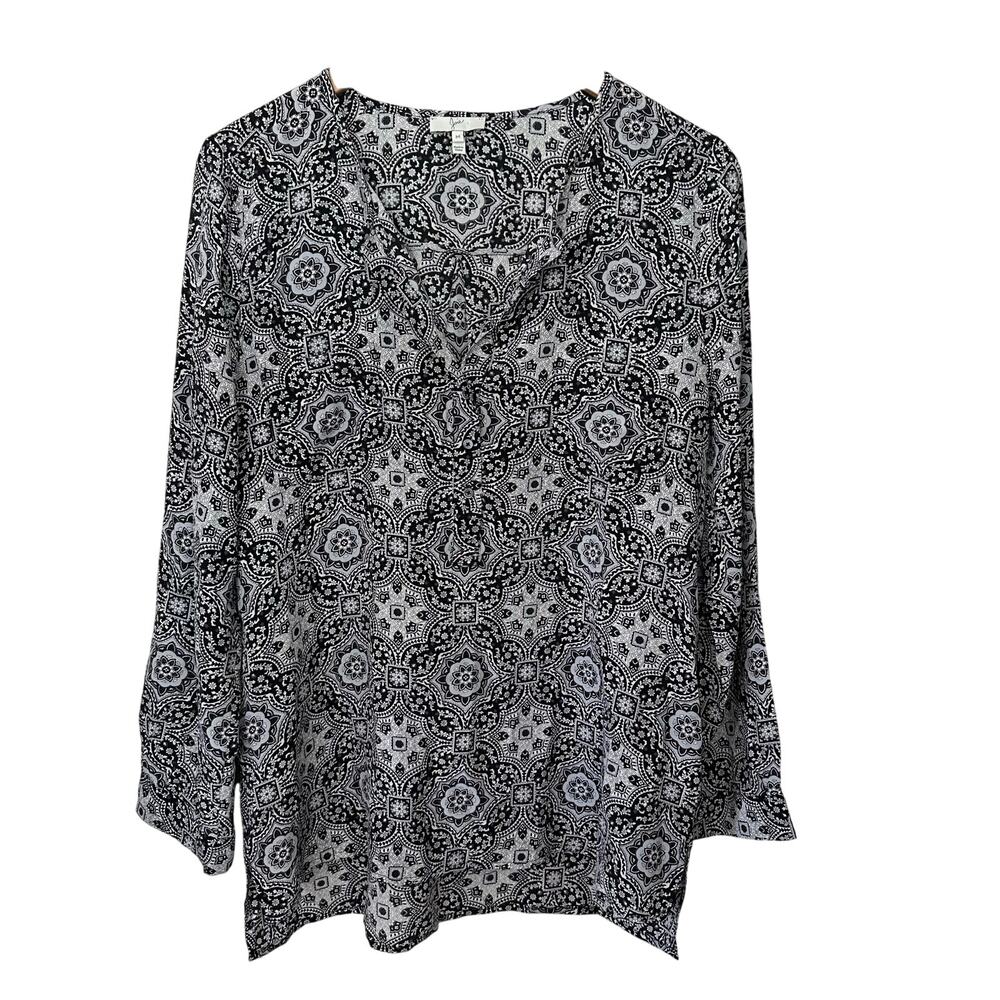 Joie 100% Silk Blouse Top Womens Medium Black Gray Floral Geometric Long Sleeve